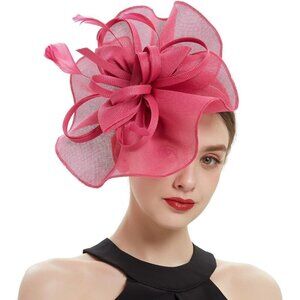 ✨ Poememgi Feather Headwear Women Pink Fascinator Top Flower Church Cocktail Hat